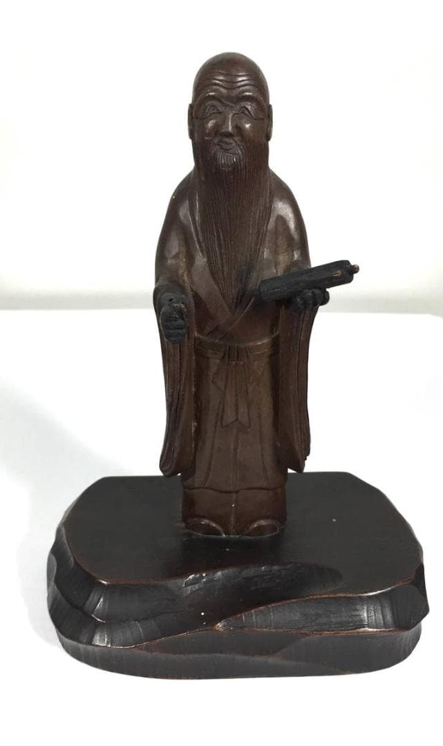 仙人 木彫り 人形 線密彫刻 約14.5cm 巻物 仏像 仙人像 中国美術 古玩