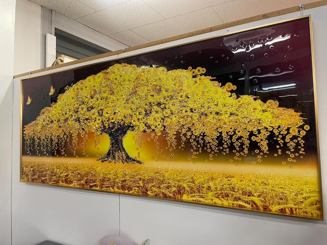 巨大　水晶絵　アートパネル　金のなる木　金運　クリスタル　絵画　アート　ゴールド