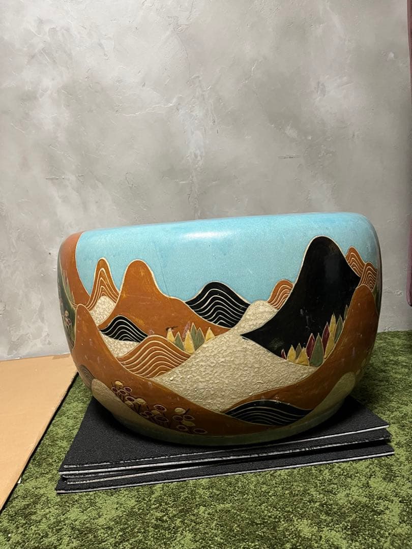 絵柄　火鉢　大型　風景　かめ　陶器