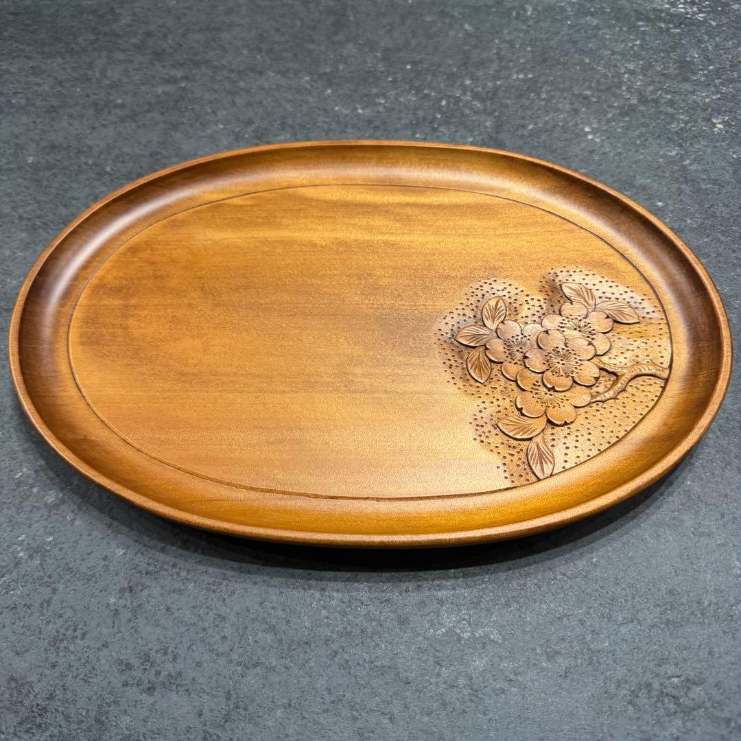 【新品未使用箱説明書付き】軽井沢彫 大阪屋家具店 楕円形 桜彫刻 33cm木製