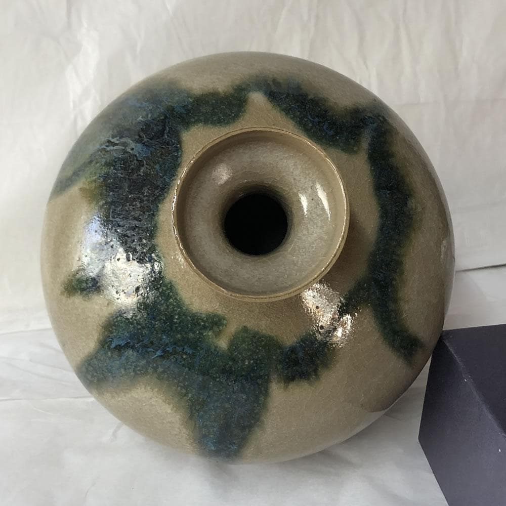 e3050 黒井一楽 虫明焼 青釉流し 花入 共箱 蕪形 高さ17.5cm