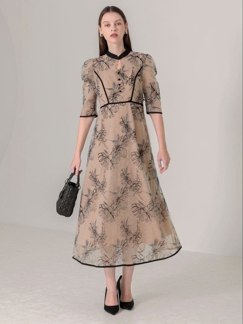 パイピングハイネック花柄ラメレースワンピースドレス結婚式パーティー成人式二次会