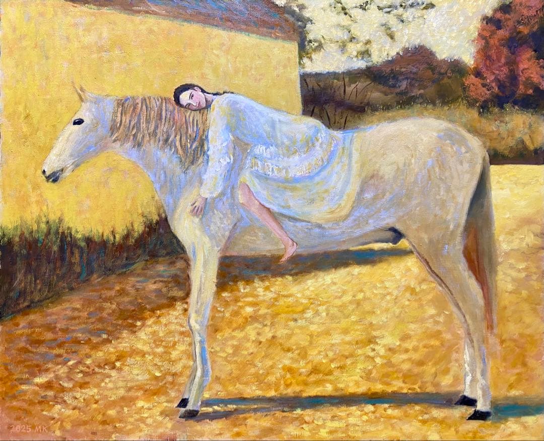 白馬と女性 F25 絵画 油彩画 風景画 人物画