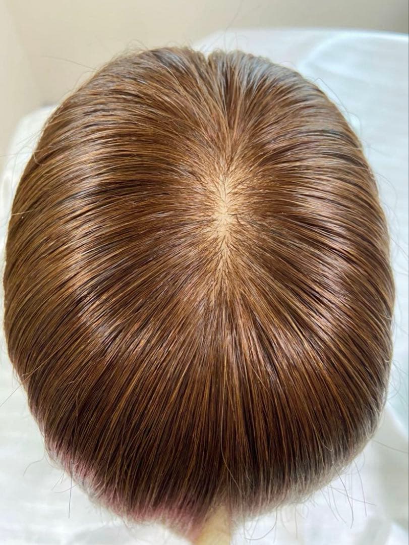 高級人毛100% ヘアピースブラウン34シルクスキン総手植え引き抜き前髪なし