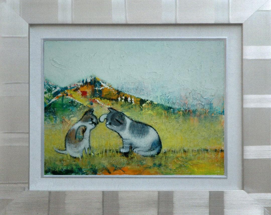 油絵 菅家令子絵 絵画インテリア額付(青緑＋金色の枠) uF6-050520子猫