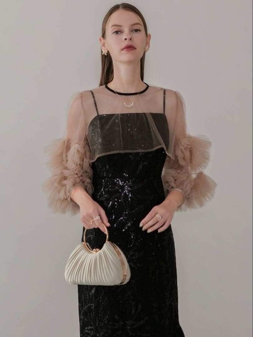 フラワースパンコールチュールフリルスリーブIラインワンピースドレス結婚式成人式