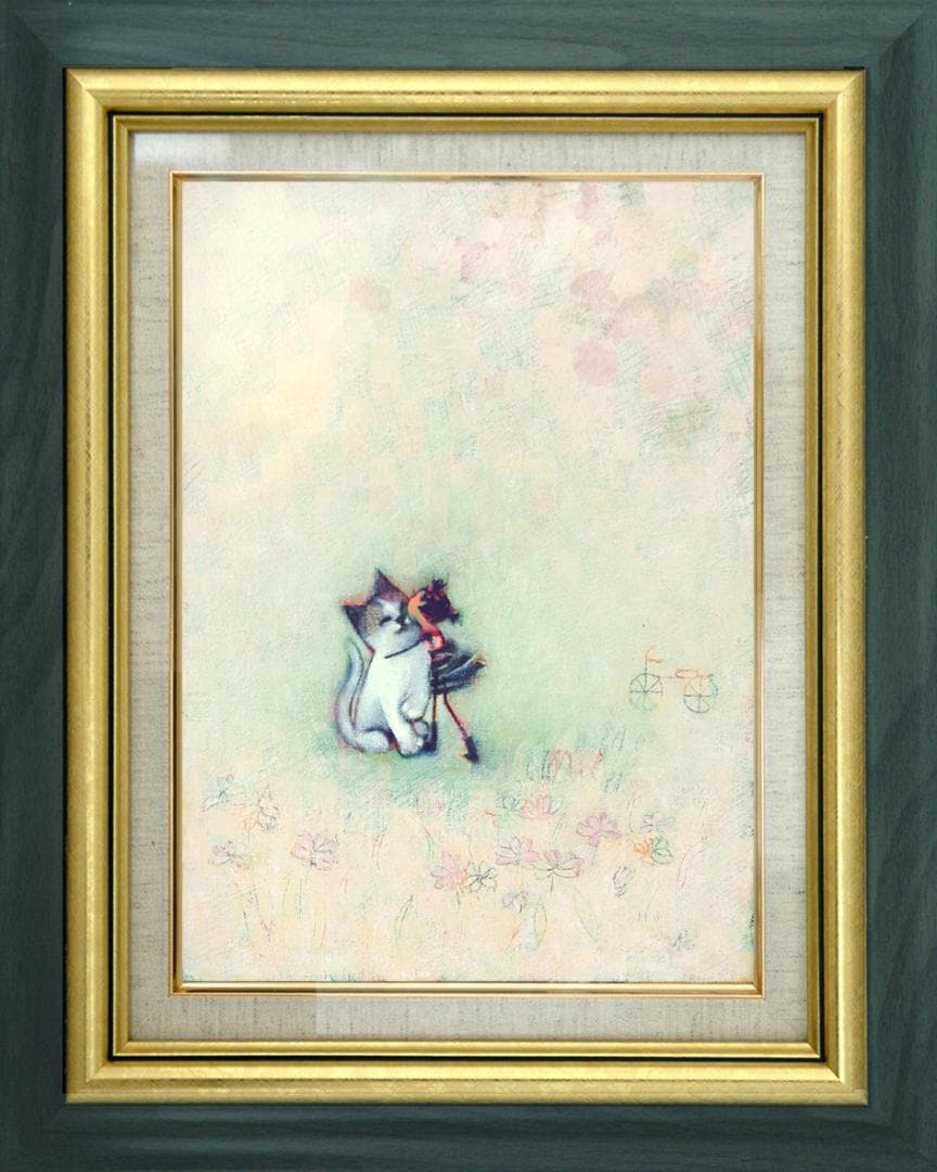 油絵 菅家令子 絵 絵画インテリア 額付(銀) F3-051621 子猫と女の子