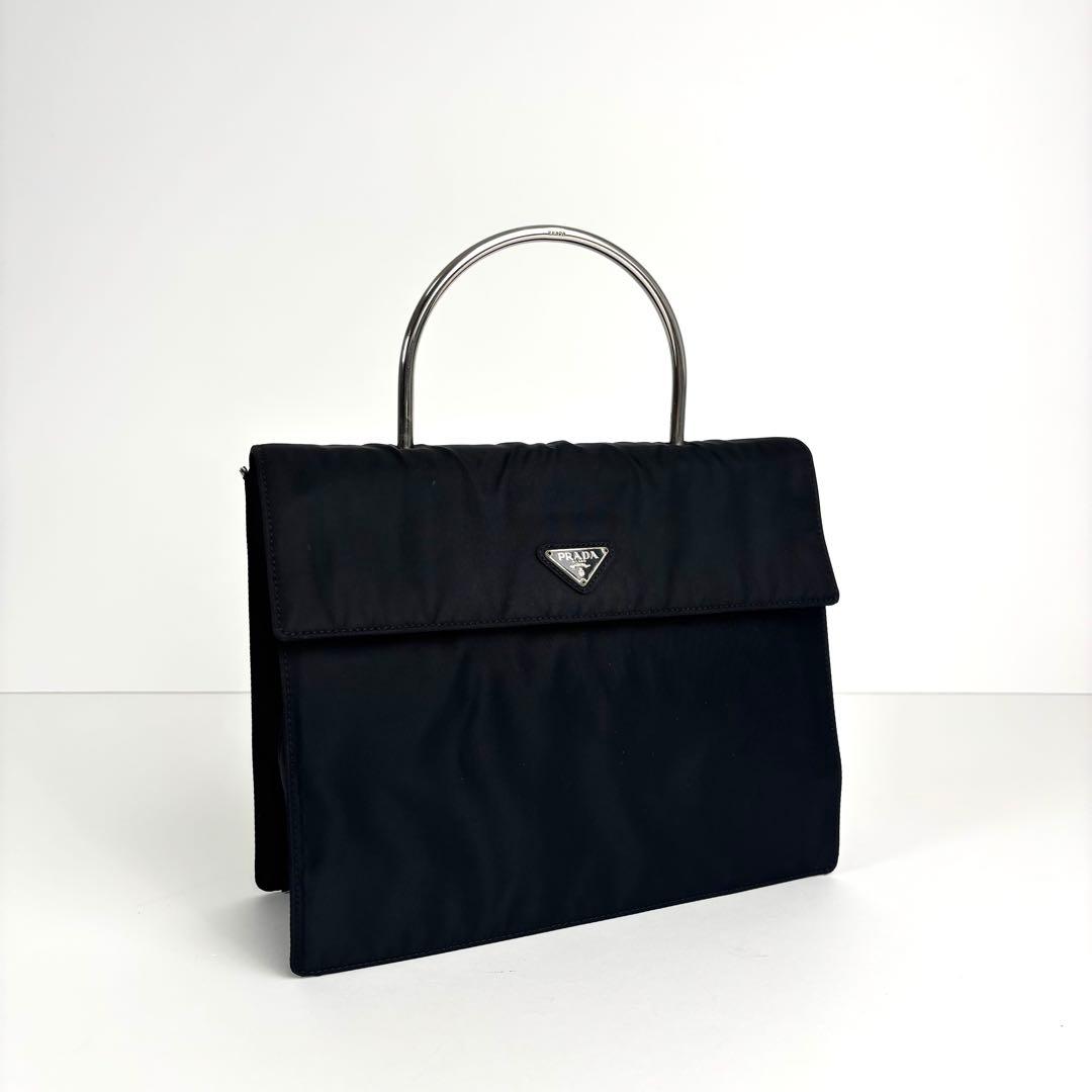 美品 PRADA プラダ メタルハンドル ハンドバッグ ナイロン ブラック