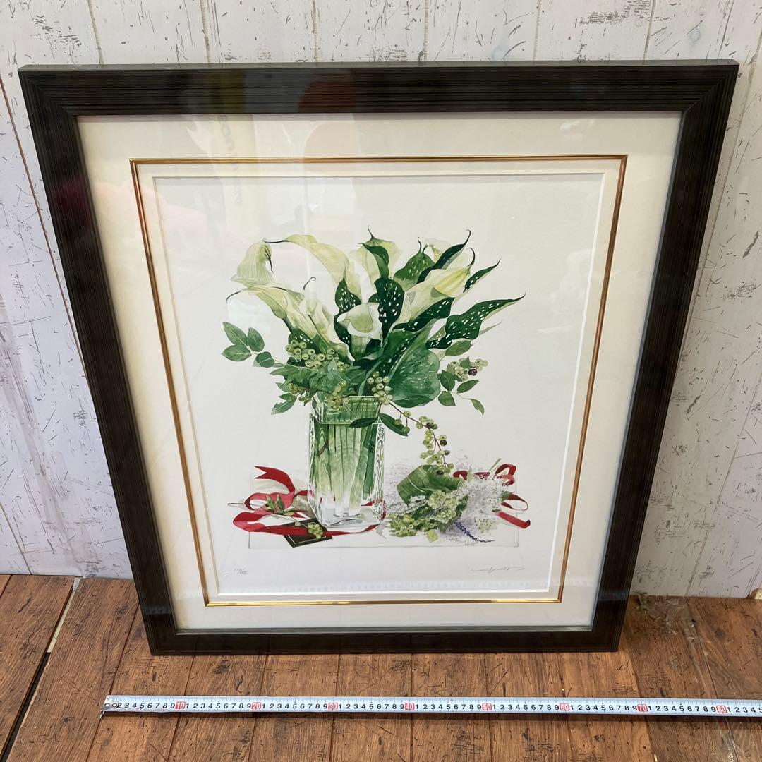 ブルーベリー リボン 花瓶 ガラス 複製画 琉球ガラス 植物 花イラスト 緑