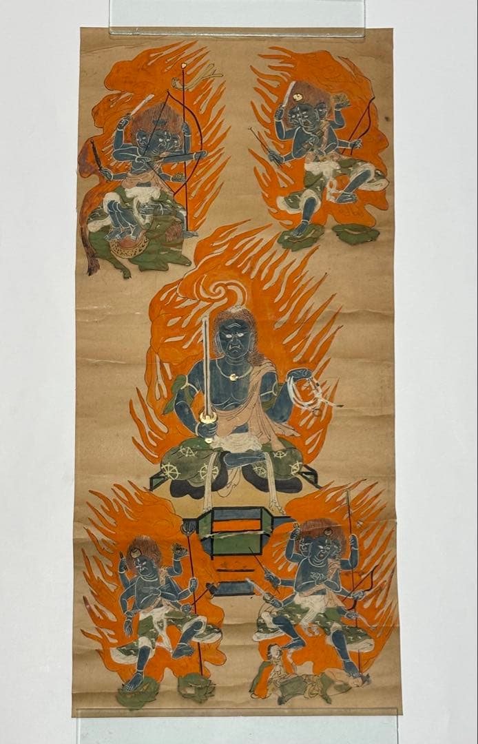 「五大明王像図」彩色木版刷り 1枚|不動明王 仏教美術 仏像 真言宗 高野山