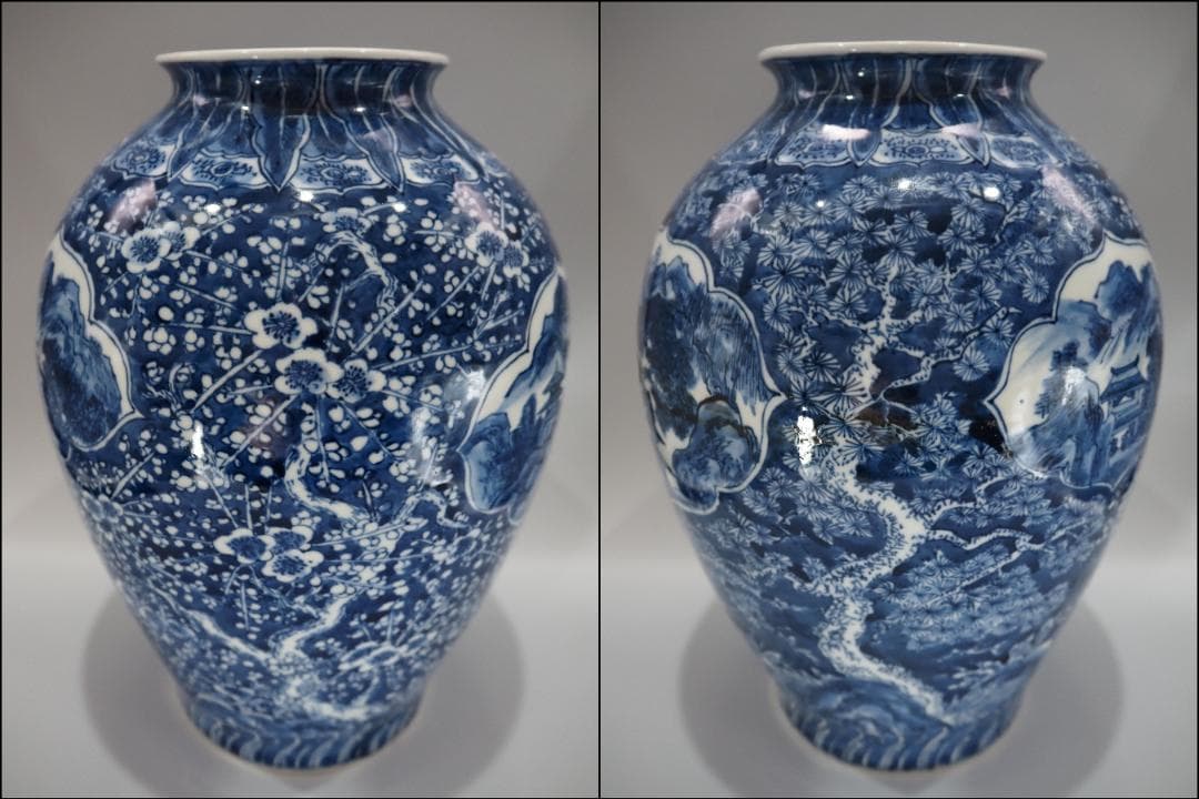 ぶりぶり☆割引セール☆ 清風与平造　松竹梅窓山水文 大型花瓶 30㎝ 共箱