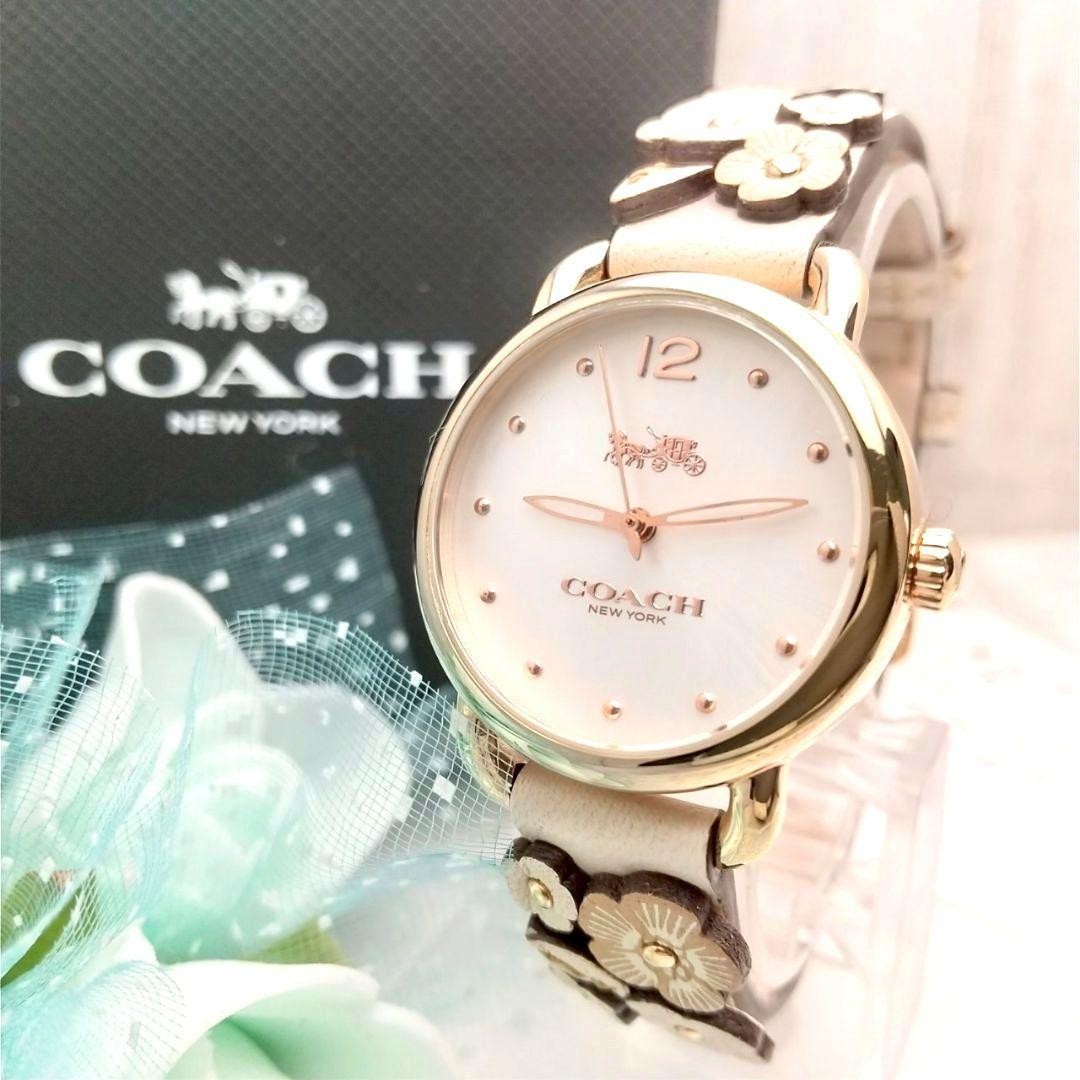 稼働品 箱付き 美品 コーチ 腕時計 レディース フラワーデザイン 馬車ロゴ