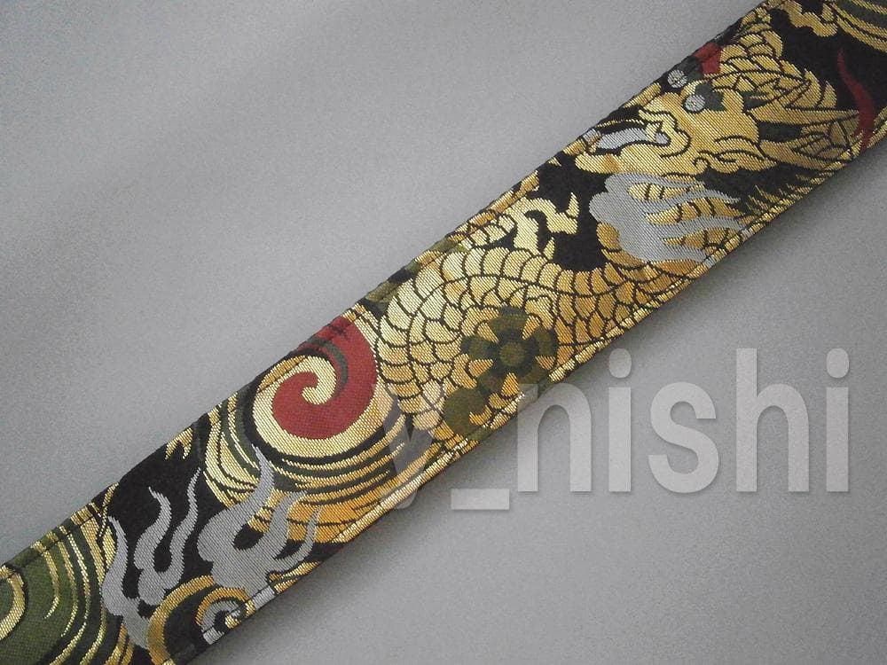 京都 西陣織り 和柄ギターストラップ 火炎龍/黒 金襴生地使用