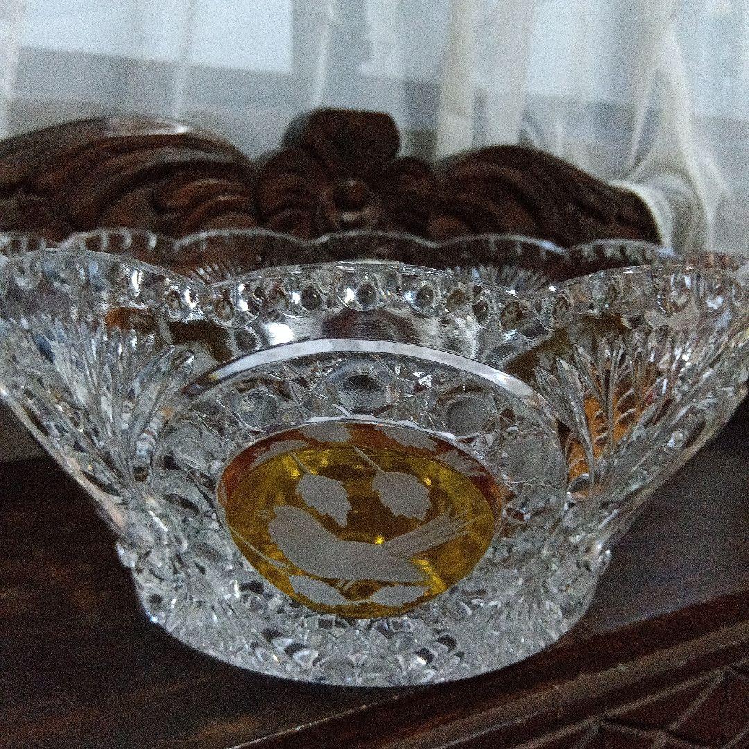 ホフバウワー イエローバードクリスタルガラス ボウル 小鳥アンティーク　西ドイツ