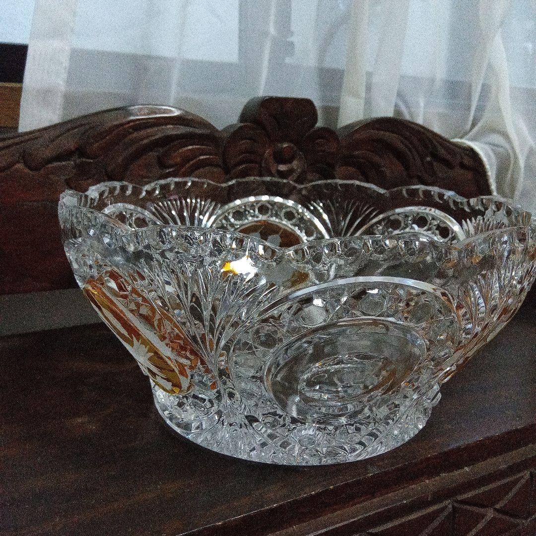 ホフバウワー イエローバードクリスタルガラス ボウル 小鳥アンティーク　西ドイツ