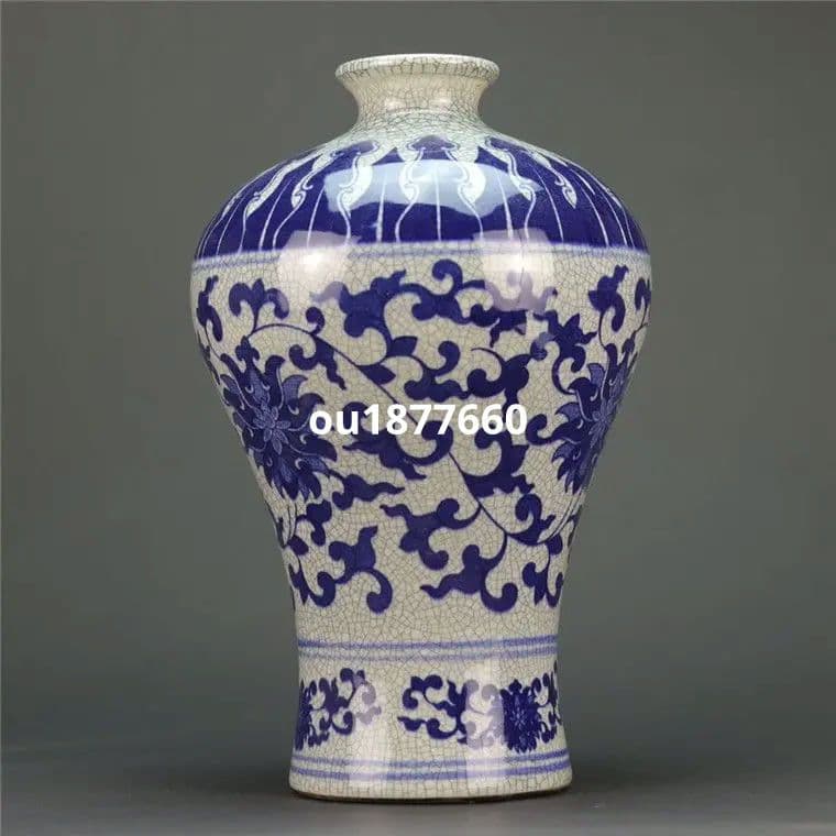 青花纏子蓮紋梅瓶 景徳鎮 陶磁器 装飾品 現代工芸品 美術品 置物