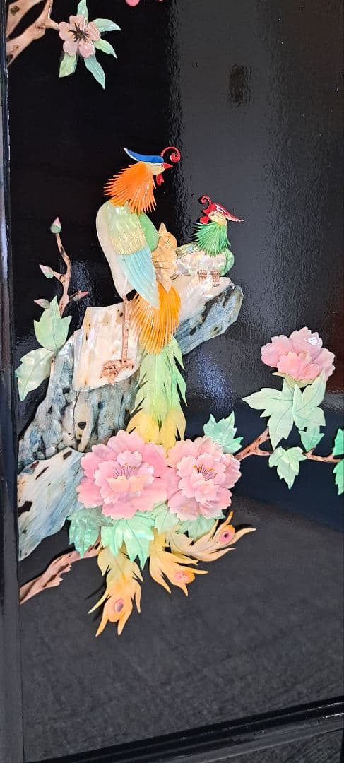 アンティーク骨董品 螺鈿細工 貝細工 花鳥風月 パーティション 屏風 漆塗り