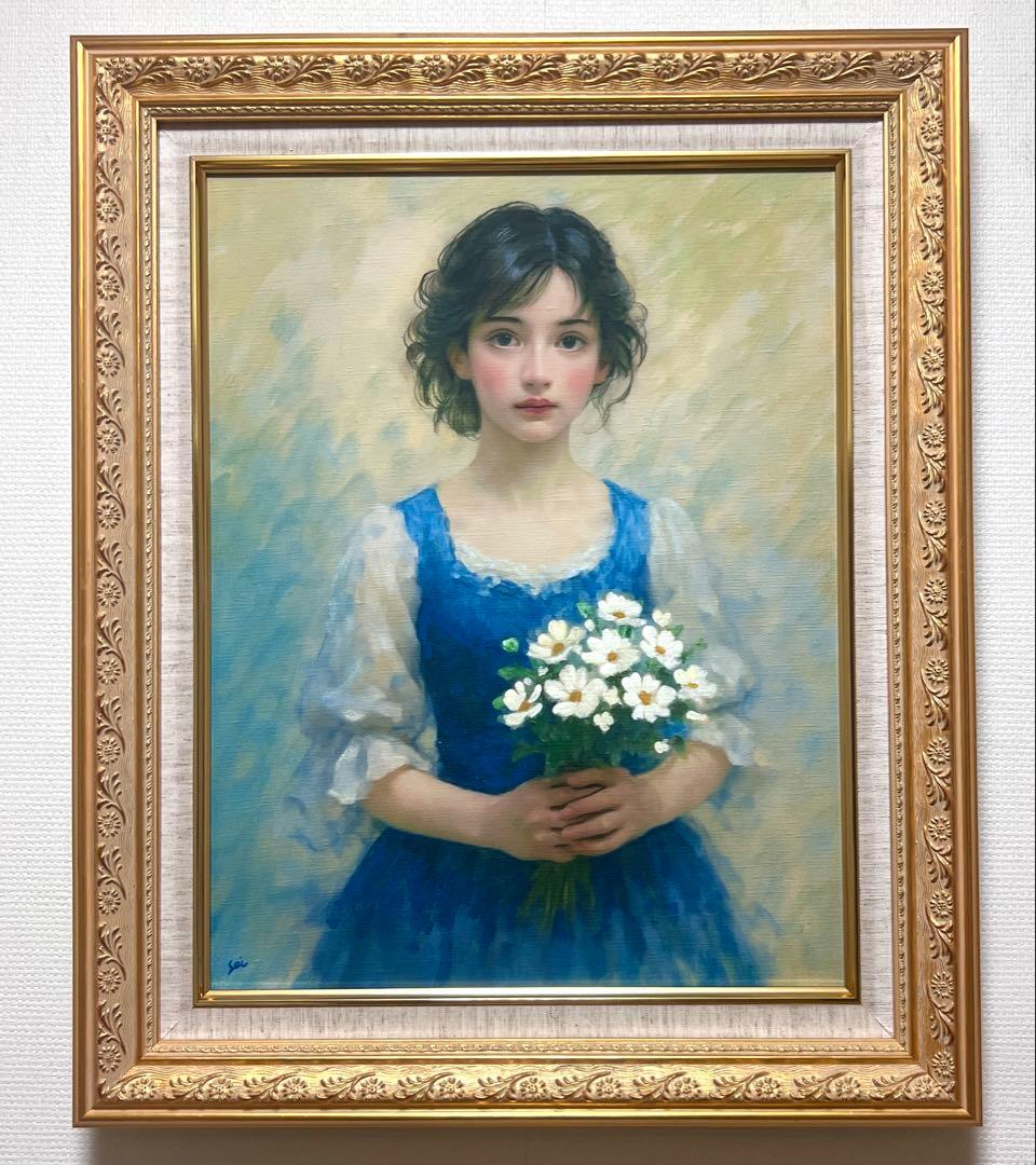 (F6号)青谷誠一【花を抱く少女】表サイン有/共シール有/真作/油彩
