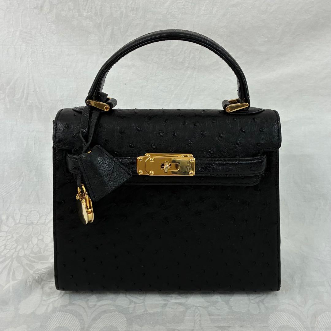 高級【RODANIA】オーストリッチ ハンドバッグ ブラック 本革