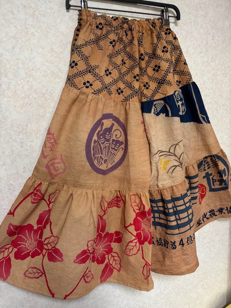 柿渋染め手ぬぐいと浴衣を使った3段ティアードパンツ　金魚　豆絞り