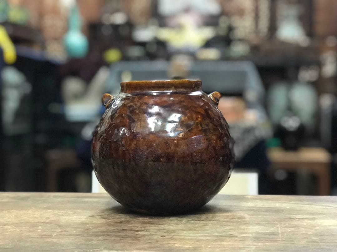 江戸期？骨董　飴釉壺　双耳付き花瓶　在銘　民藝　古民家　茶道具