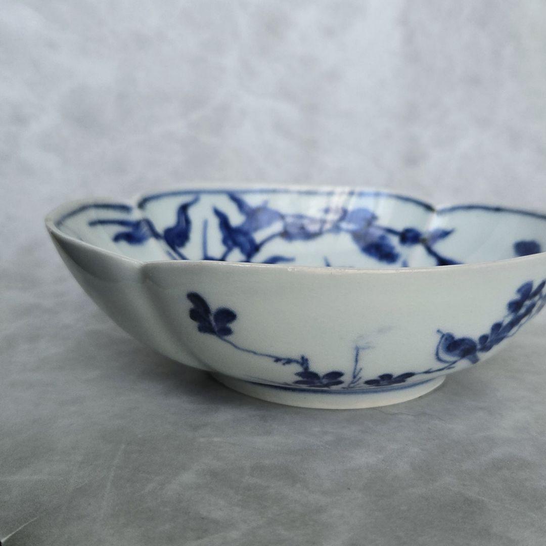 古伊万里　染付　変形皿　江戸時代　五弁花　金直し　金継ぎ　骨董　アンティーク