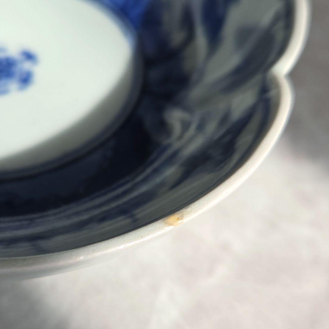 古伊万里　染付　変形皿　江戸時代　五弁花　金直し　金継ぎ　骨董　アンティーク