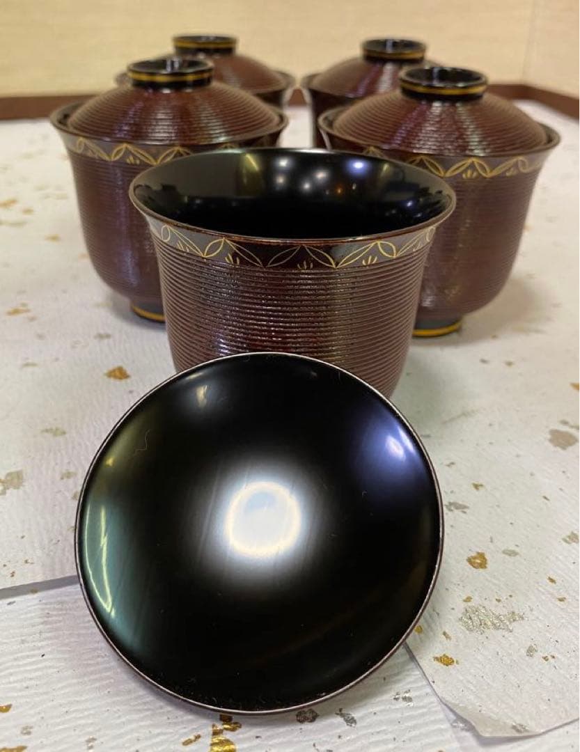 【茶道具】溜塗千筋端反箸洗　七宝（紙箱）　○