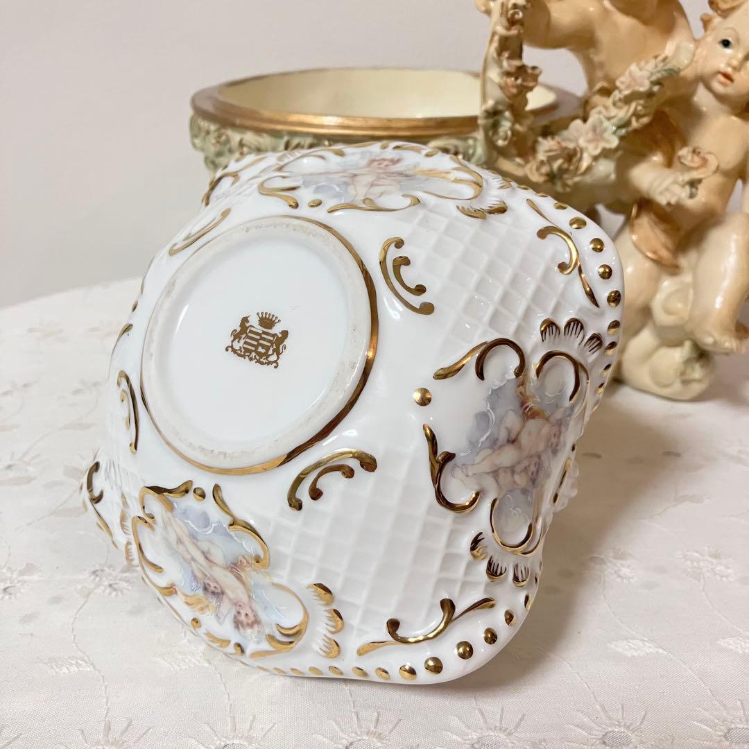 イタリア製 天使 エンジェル アンティーク調 置物 小物入れ／陶器製バスケット