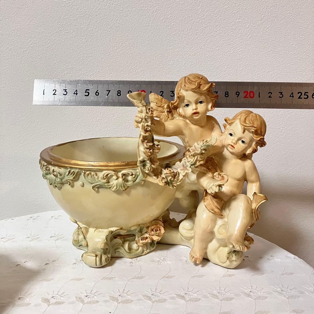 イタリア製 天使 エンジェル アンティーク調 置物 小物入れ／陶器製バスケット