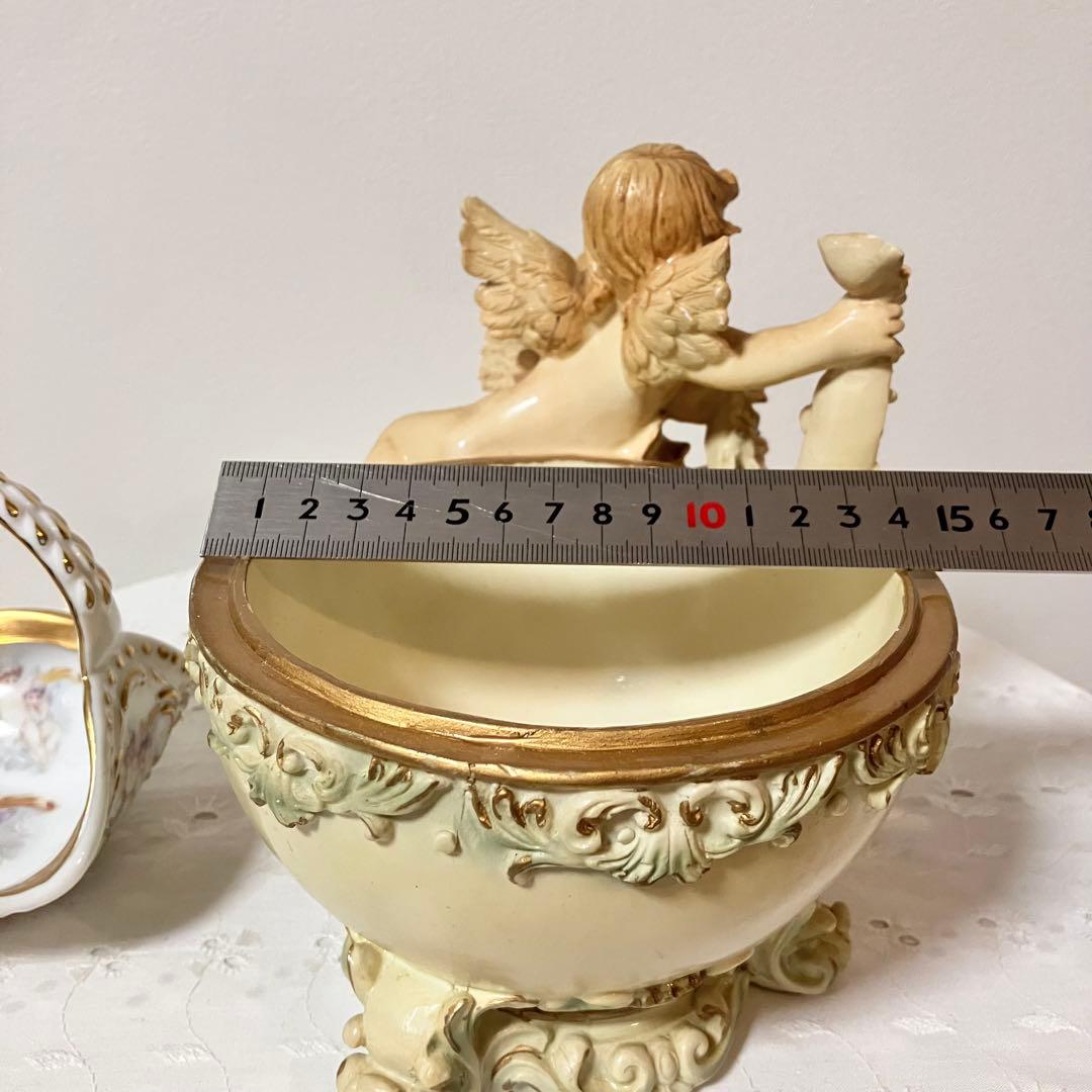 イタリア製 天使 エンジェル アンティーク調 置物 小物入れ／陶器製バスケット