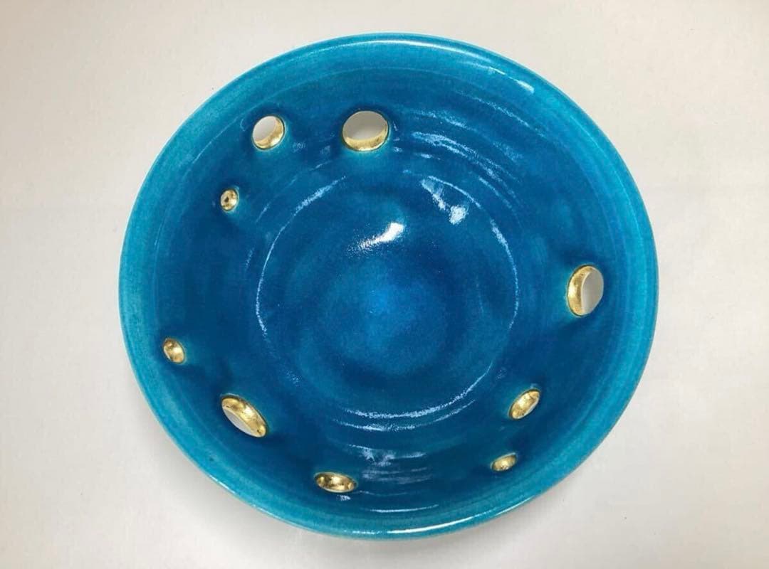 茶道具 古物品 菓子鉢 萬古 トルコ釉 水玉透かし 加賀瑞山 木箱入