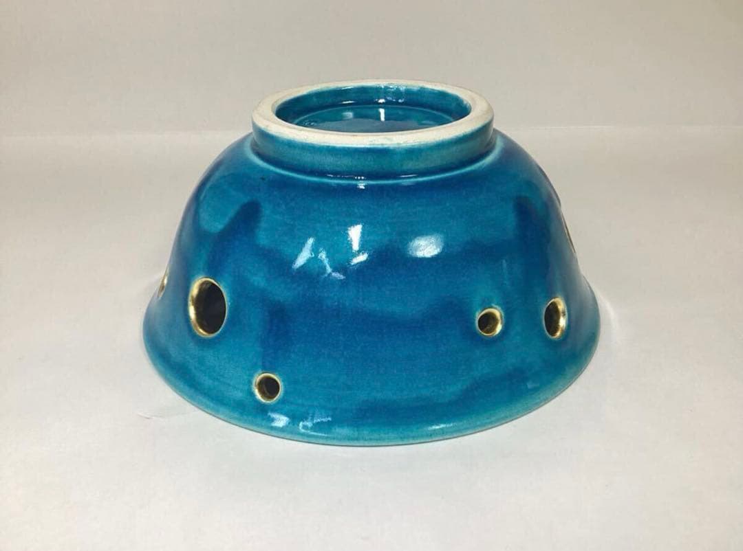 茶道具 古物品 菓子鉢 萬古 トルコ釉 水玉透かし 加賀瑞山 木箱入