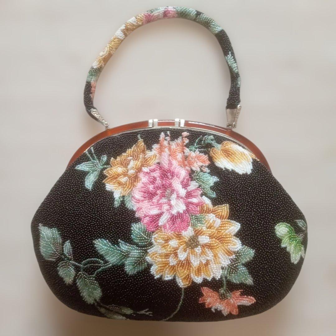 ビーズ 花柄 ハンドバッグ 和装 パーティ 昭和レトロ