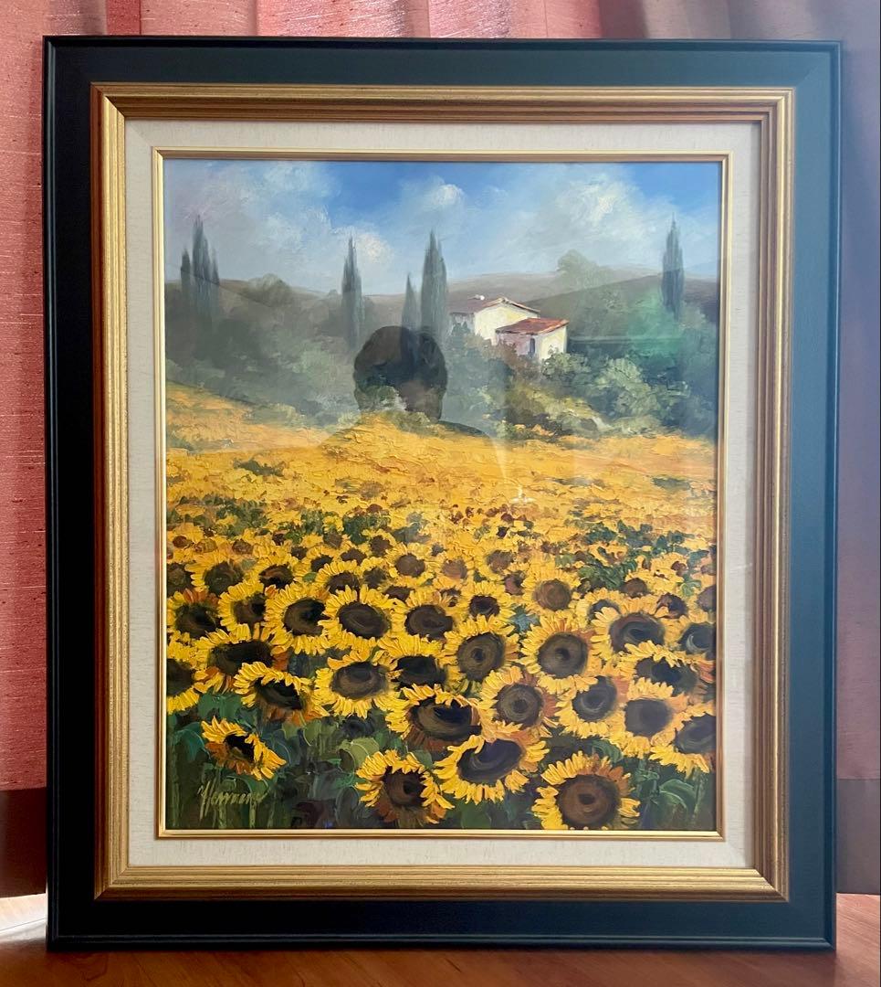 真作 油彩肉筆画　ウット・エルマン　『ひまわり畑のヴィラ』