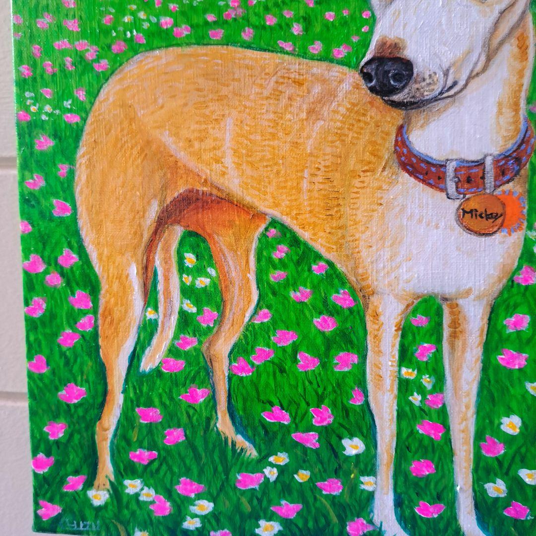 専用　油絵　イタリアングレーハウンドの美しいMickeyちゃんと小花咲く草原