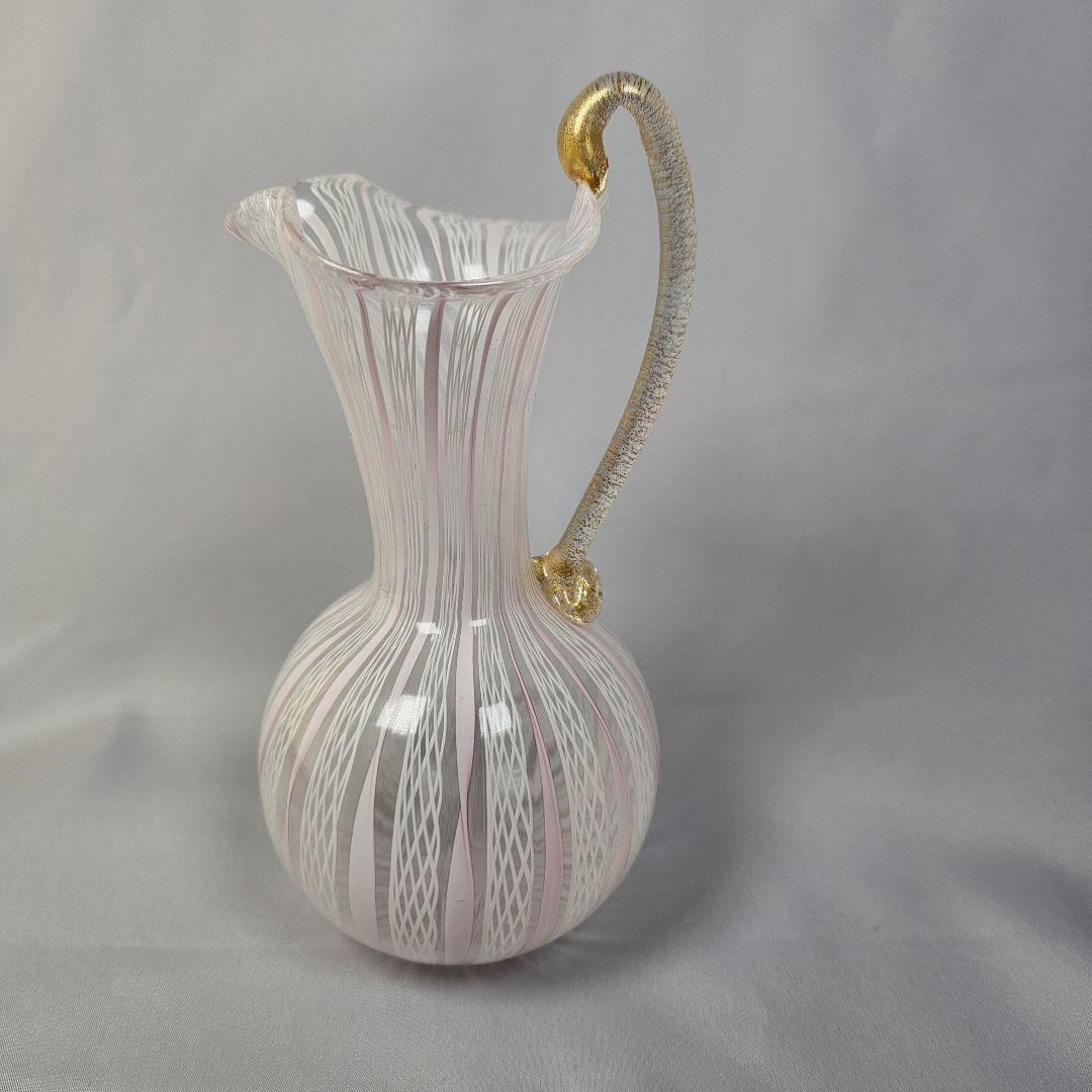 MURANO ITALY金彩 ピンクレースライン ピッチャー 花瓶