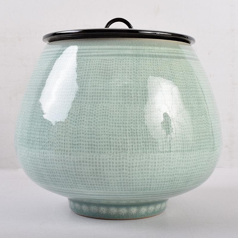 韓国人間文化財　柳海剛（柳根瀅）作　高麗青磁　象嵌　水指　共箱　M　R8896B