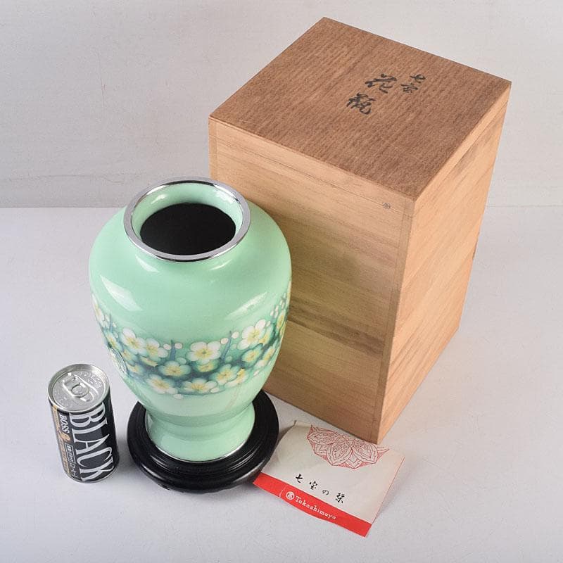 七宝焼　花文　花瓶　唐木台付　共箱　M　R8887H