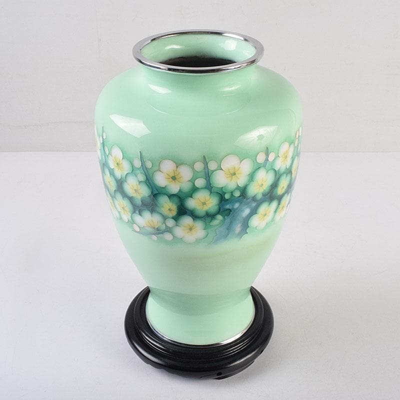 七宝焼　花文　花瓶　唐木台付　共箱　M　R8887H