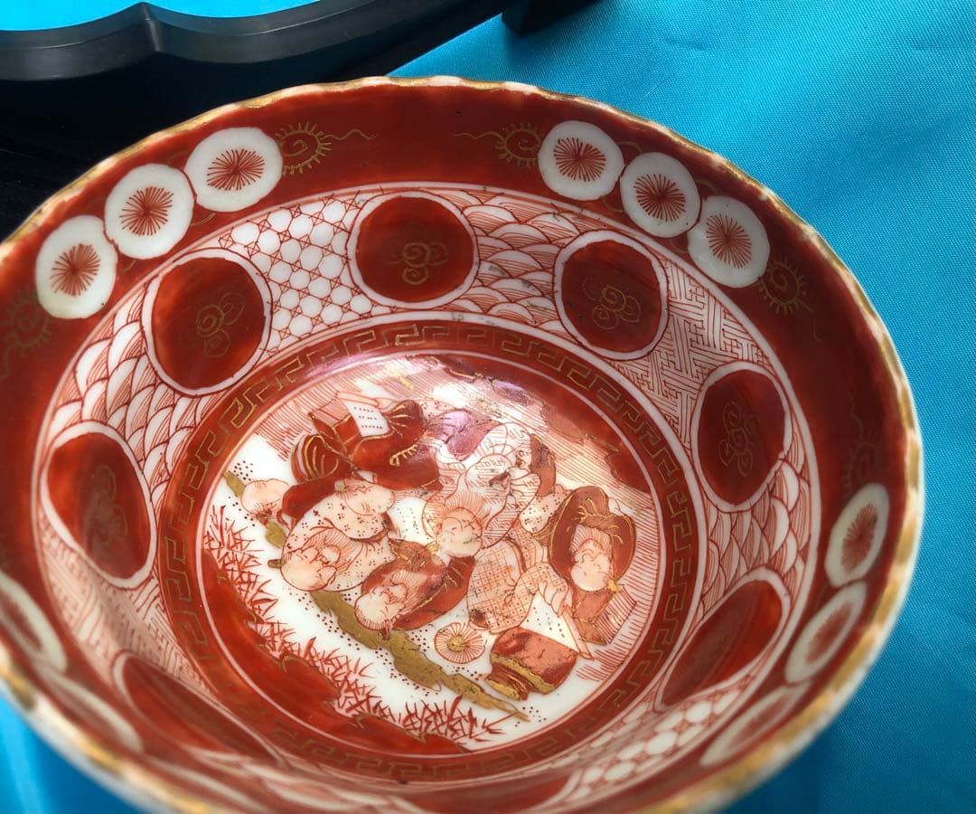 再値下げ★九谷焼　骨董　赤絵金彩☆竹林七賢人☆茶碗　絵付☆希少 品