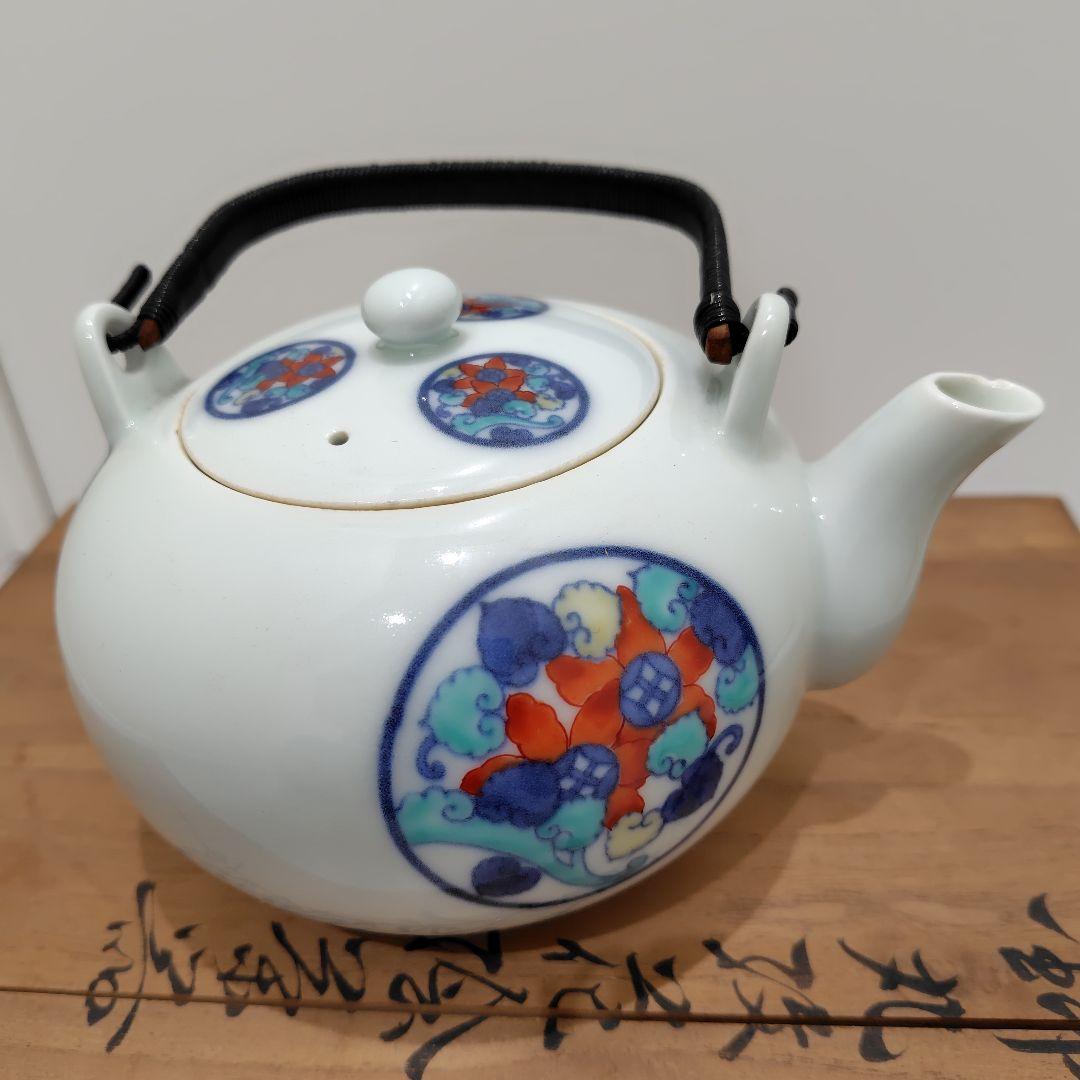 今泉今右衛門(有田焼)茶道具セット 青赤花柄急須と茶碗