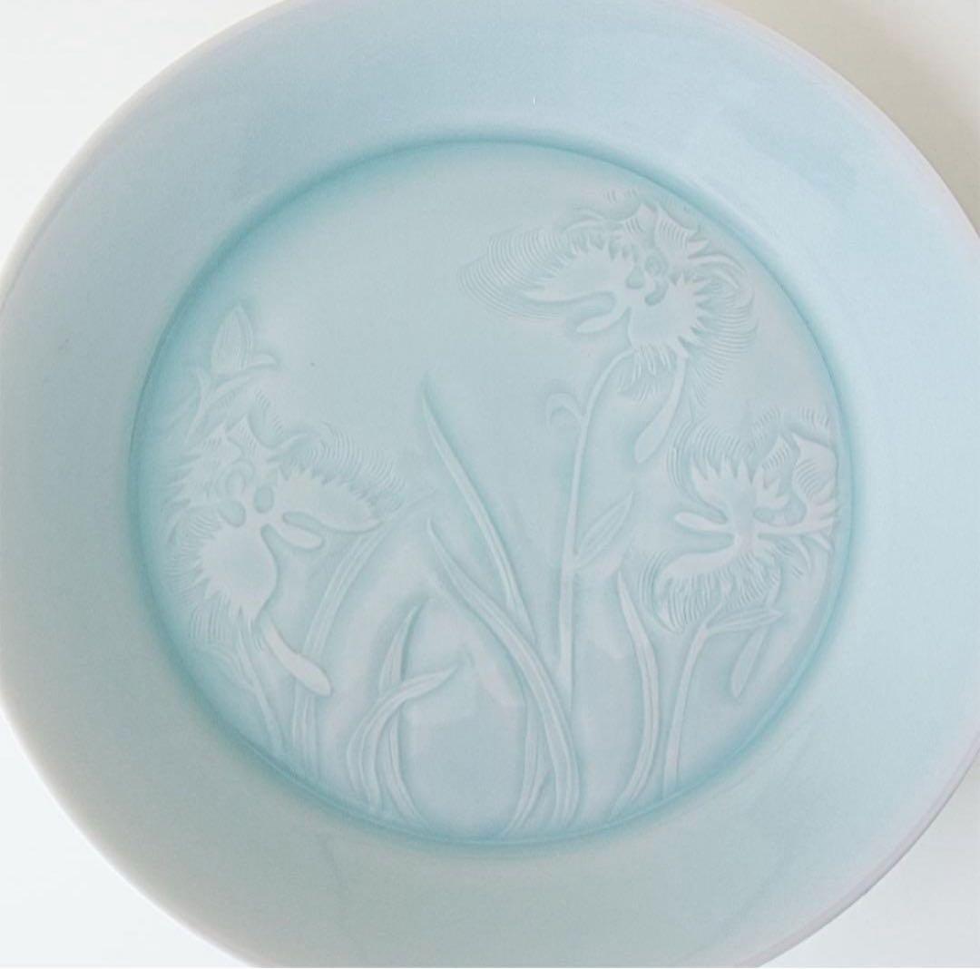 快山窯　塚本快示 青白磁鷺草文皿　共箱付　陶磁器　木箱付 飾り皿 花 鷺草