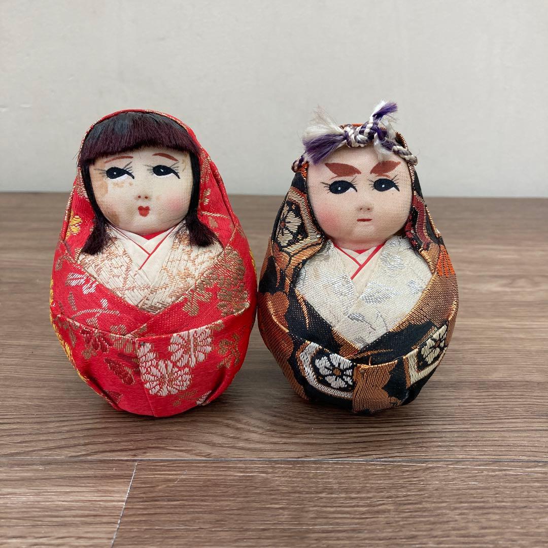 E-4 【昭和レトロ】姫だるま・殿だるま 2体セット 木目込み風 置物 金襴 縁