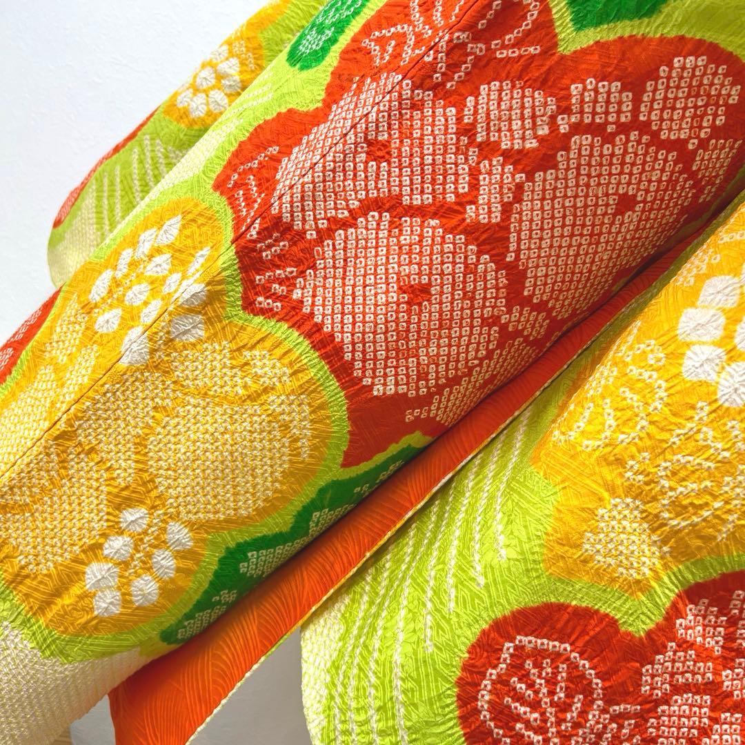 358 振袖フルセット 正絹 総絞り 黄緑 グリーン 黄色 朱赤 カラフル 古典