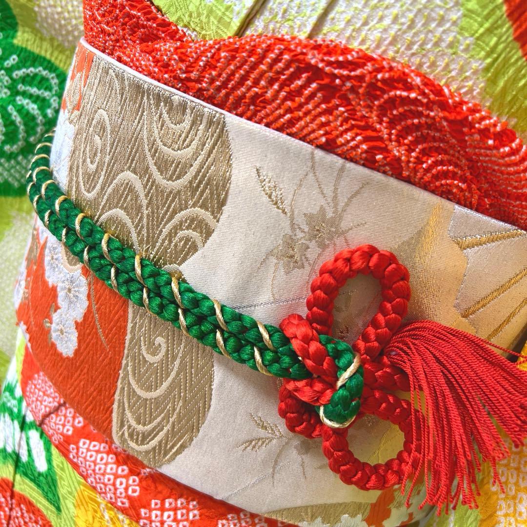 358 振袖フルセット 正絹 総絞り 黄緑 グリーン 黄色 朱赤 カラフル 古典