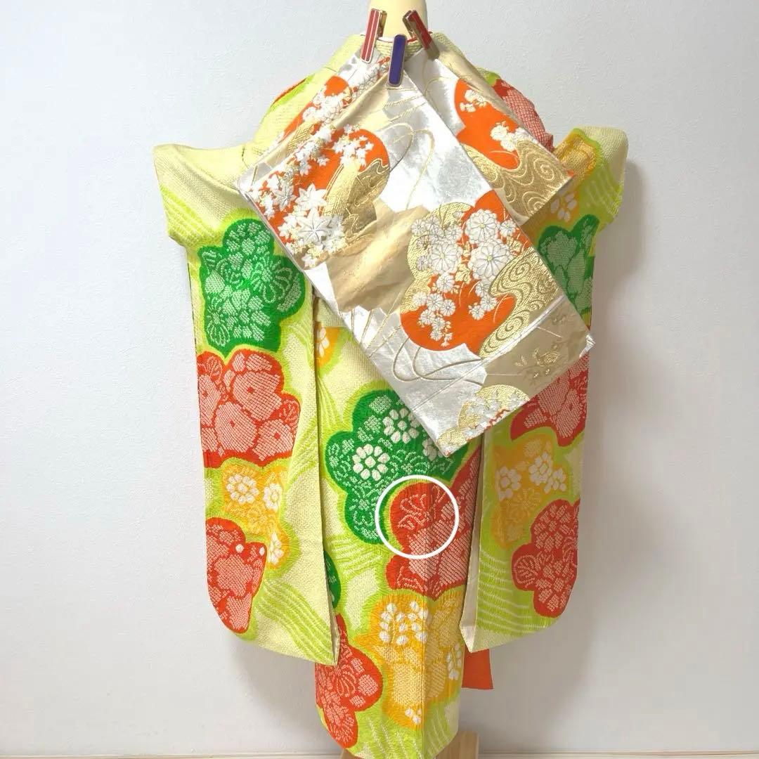 358 振袖フルセット 正絹 総絞り 黄緑 グリーン 黄色 朱赤 カラフル 古典