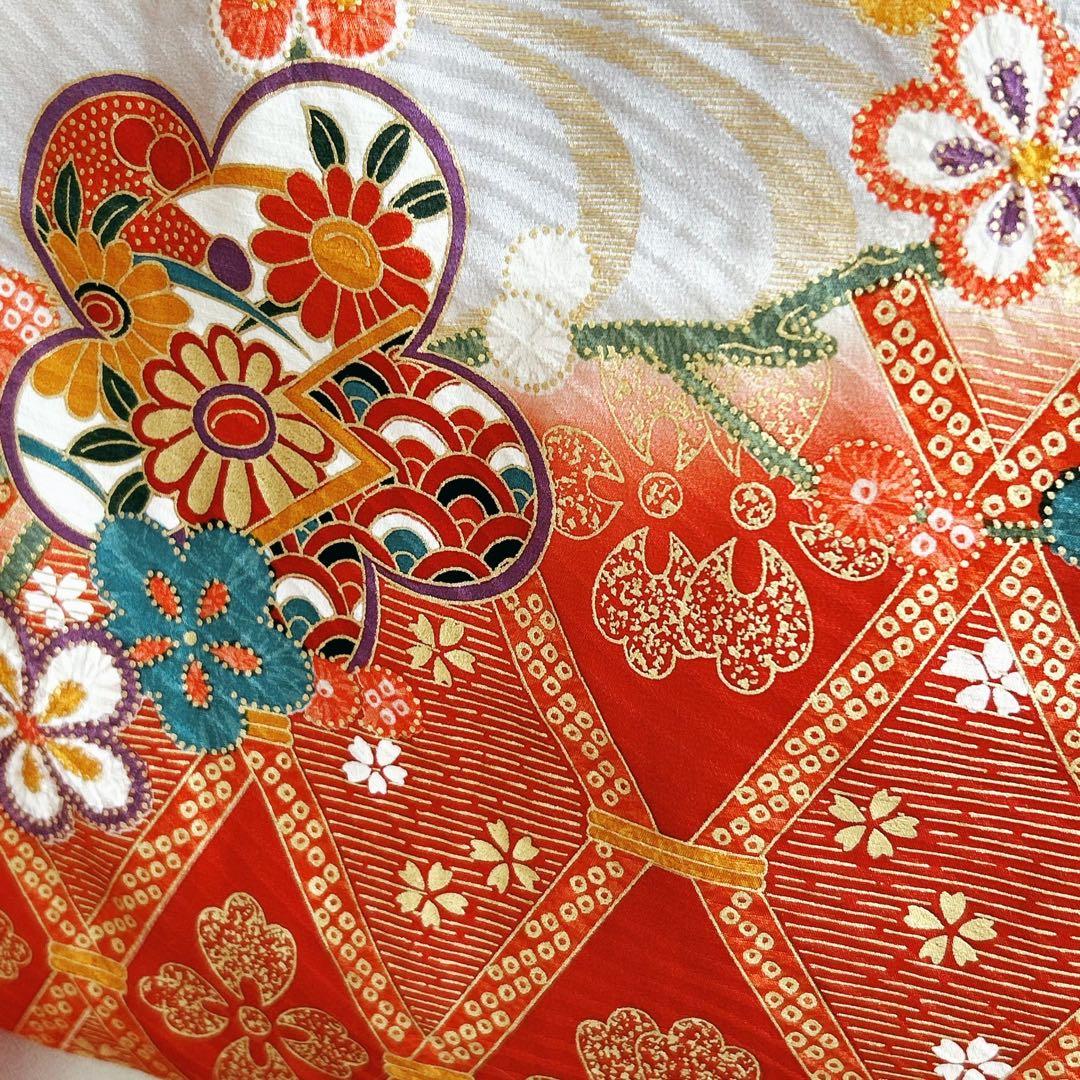 セット七五三7歳女の子長着＆簡単半衿＆結帯＆草履＆バッグ＆小物朱色帯黄系ゴールド