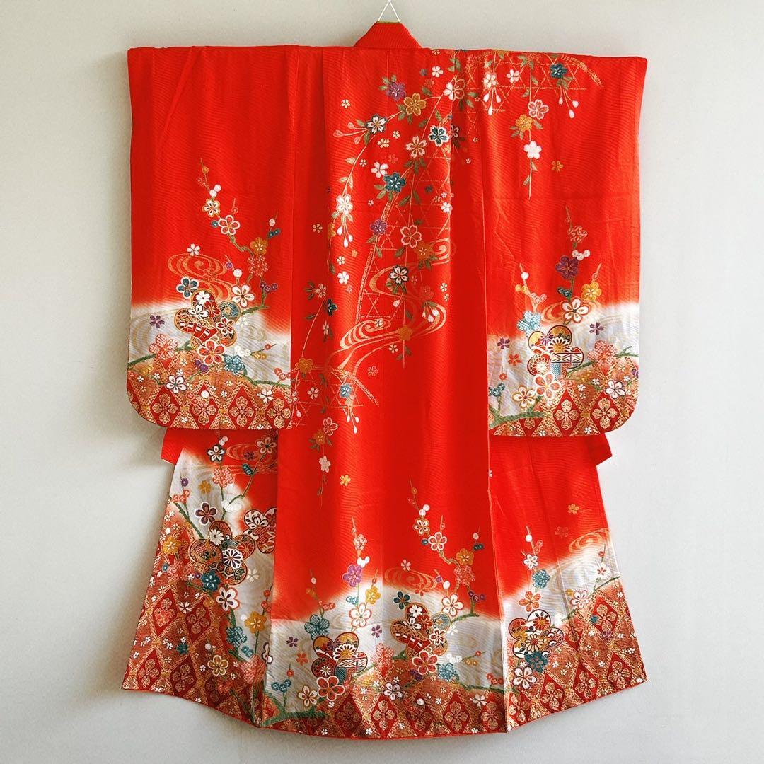 セット七五三7歳女の子長着＆簡単半衿＆結帯＆草履＆バッグ＆小物朱色帯黄系ゴールド