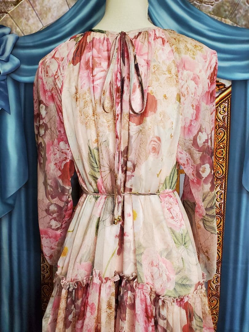 フリー【新品インポートセレクト】花柄シフォンティアードワンピースピンク